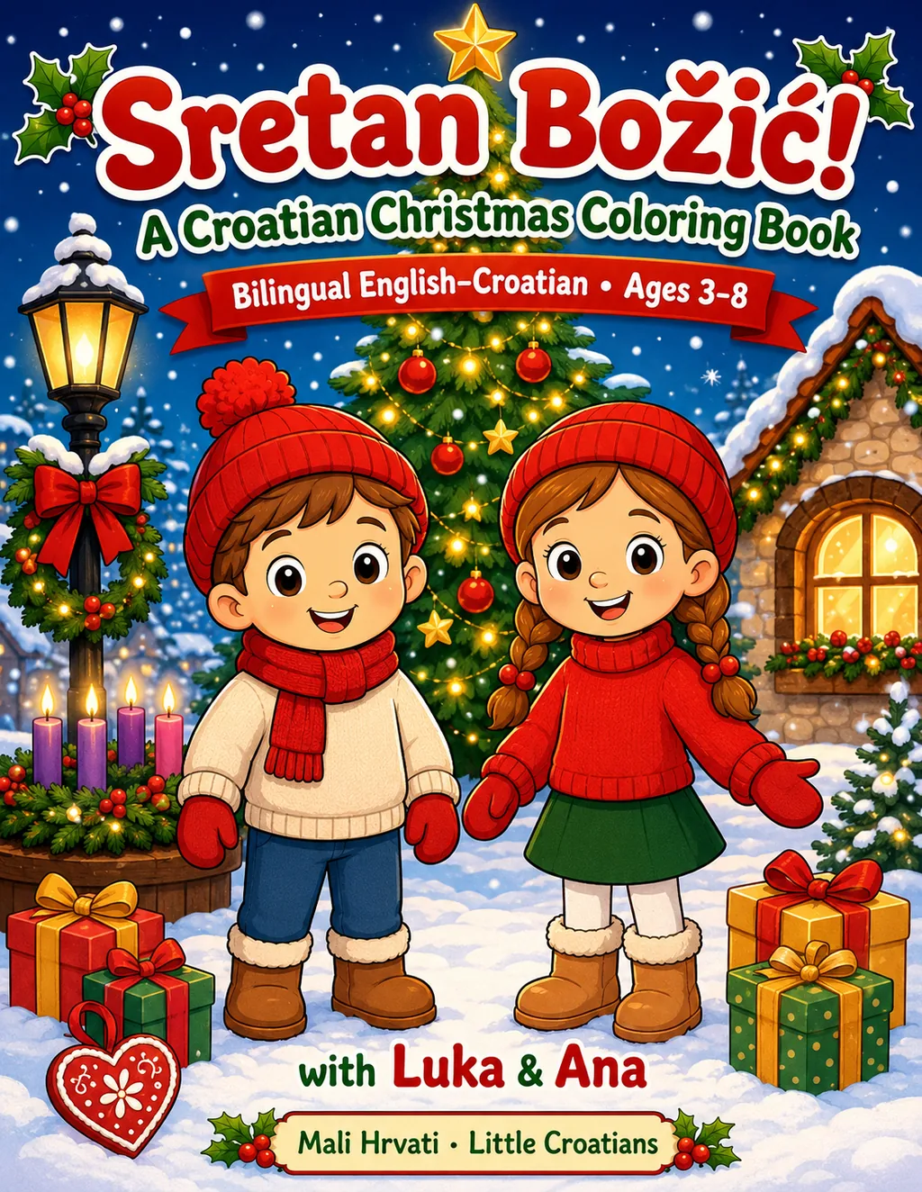 Cover of Sretan Božić! — a bilingual Croatian Christmas coloring book with Luka and Ana